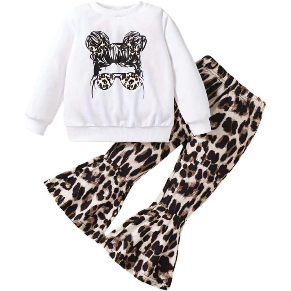 Toddler Girl Clothes Figure Graphic Drop Shoulder Top Pullover Leopard Print Fla